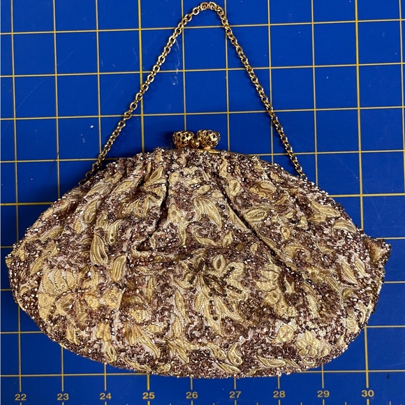 Walborg 1950's Vintage Gold Beaded Purse Evening Bag, Rhinestone Kiss Closure - Picture 9 of 9